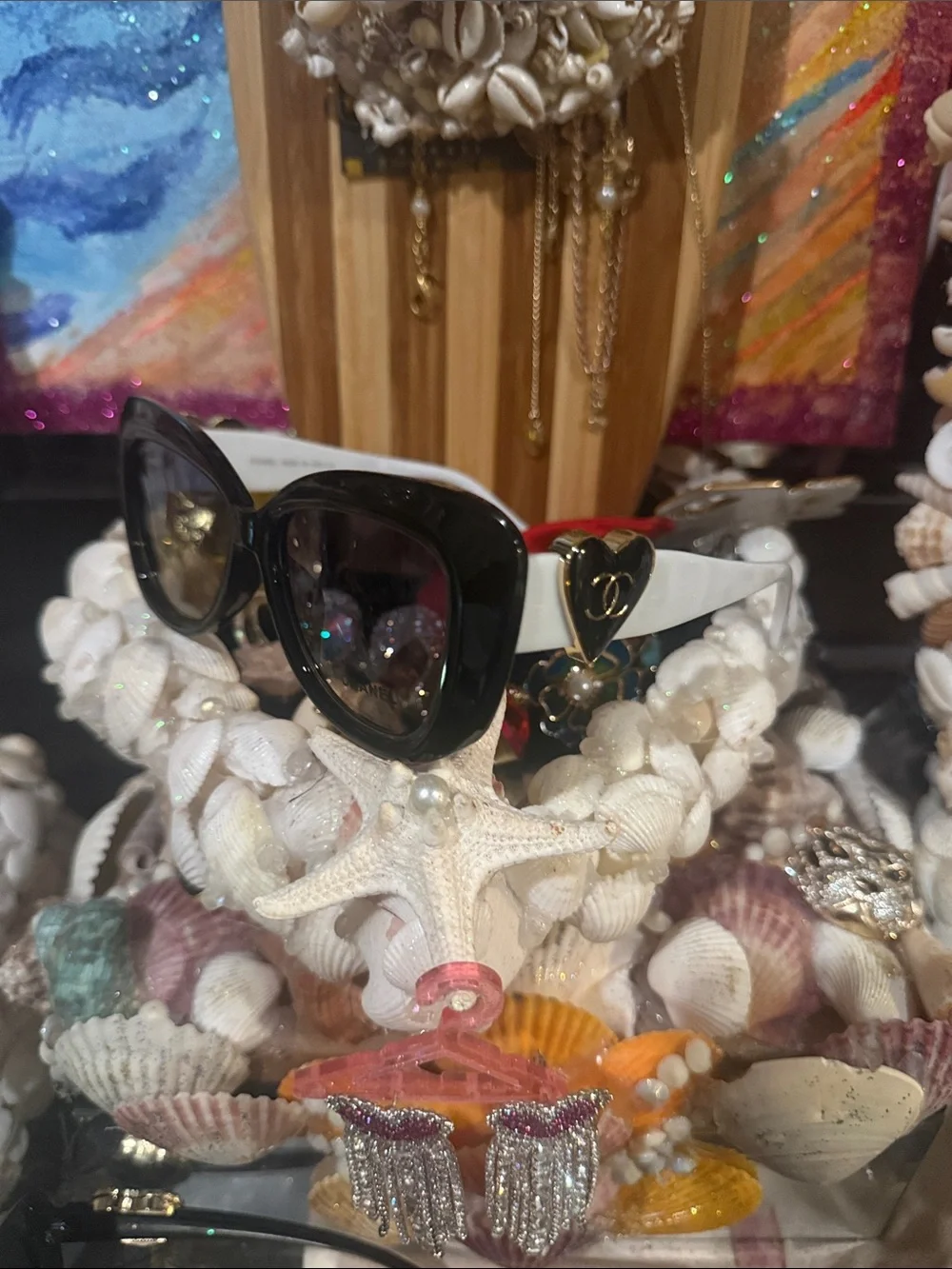 CHANEL White Frame Sunglasses with Black Heart Logo Accent